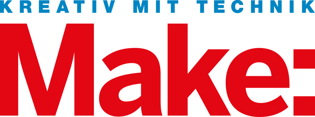 Das Bild zeigt das Logo von "Make:", einem Online-Shop, der sich auf Experimentierbedarf im Bildungsbereich spezialisiert hat. Der Slogan "Kreativ mit Technik" unterstreicht das Ziel, kreative technologische Projekte zu fördern.