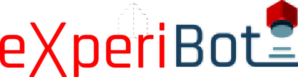 Das Bild zeigt das Logo von "eXperiBot", einem Lernroboter für die Schule. Der Schriftzug kombiniert rote und blaue Farben sowie grafische Elemente, die möglicherweise technologisches und wissenschaftliches Engagement symbolisieren.
