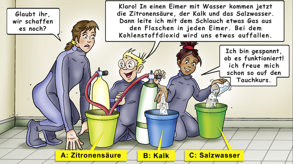 Das Bild zeigt drei Kinder, die in einem Labor experimentieren und mit verschiedenen Substanzen (Zitronensäure, Kalk und Salzwasser) arbeiten. Sie sind aufgeregt und diskutieren, während sie Gas in die Eimer leiten, um eine Reaktion zu beobachten.