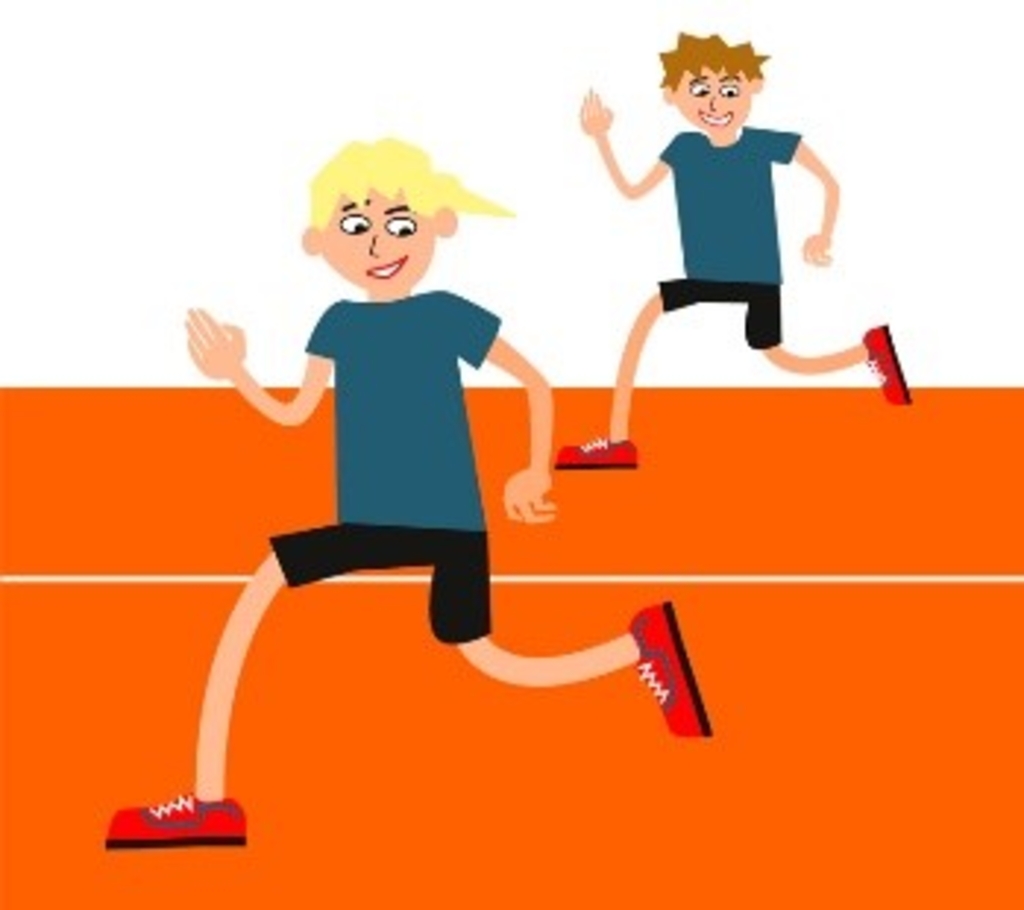 Das Bild zeigt zwei cartoonartige Kinder, die fröhlich auf einer orangen Laufbahn rennen. Beide tragen sportliche Kleidung und stehen in einer dynamischen Laufposition, wobei sie an verschiedenen Punkten der Bahn unterwegs sind.