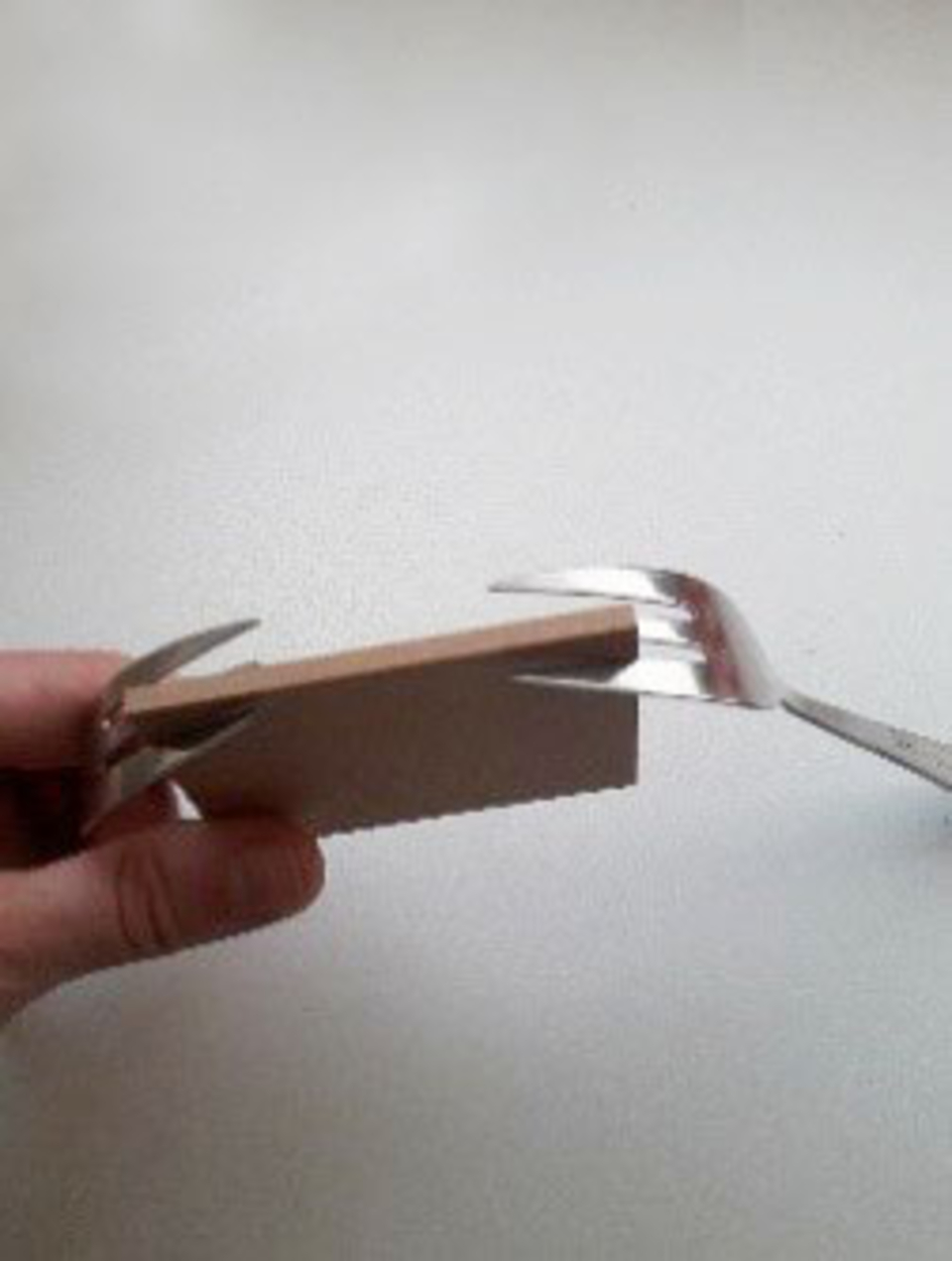 Das Bild zeigt eine Hand, die ein Konstrukt aus zwei Gabeln hält, die wiederum eine kleine Holzplatte zusammenhalten. Es scheint sich um ein einfaches physikalisches Experiment zu handeln, das für den Bildungsbereich geeignet ist.