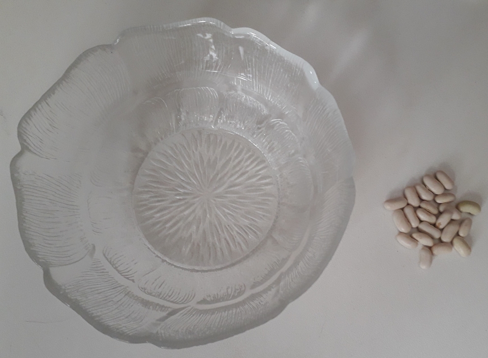 Das Bild zeigt eine große, transparente Glasschüssel mit einer blütenartigen Musterung. Neben der Schüssel liegen mehrere helle Bohnen, die als Experimentiermaterial verwendet werden könnten.
