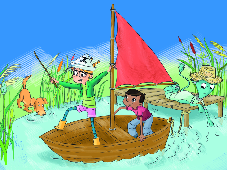 Das Bild zeigt zwei Kinder in einem auf einem Gewässer treibenden Boot mit einem roten Segel; das Mädchen Lilli mit einer Piratenmütze hält einen Stock. Am Ufer ist ein Hund zu sehen, während ein freundlicher, grüner Alien - Vinus - auf einem Steg entspan