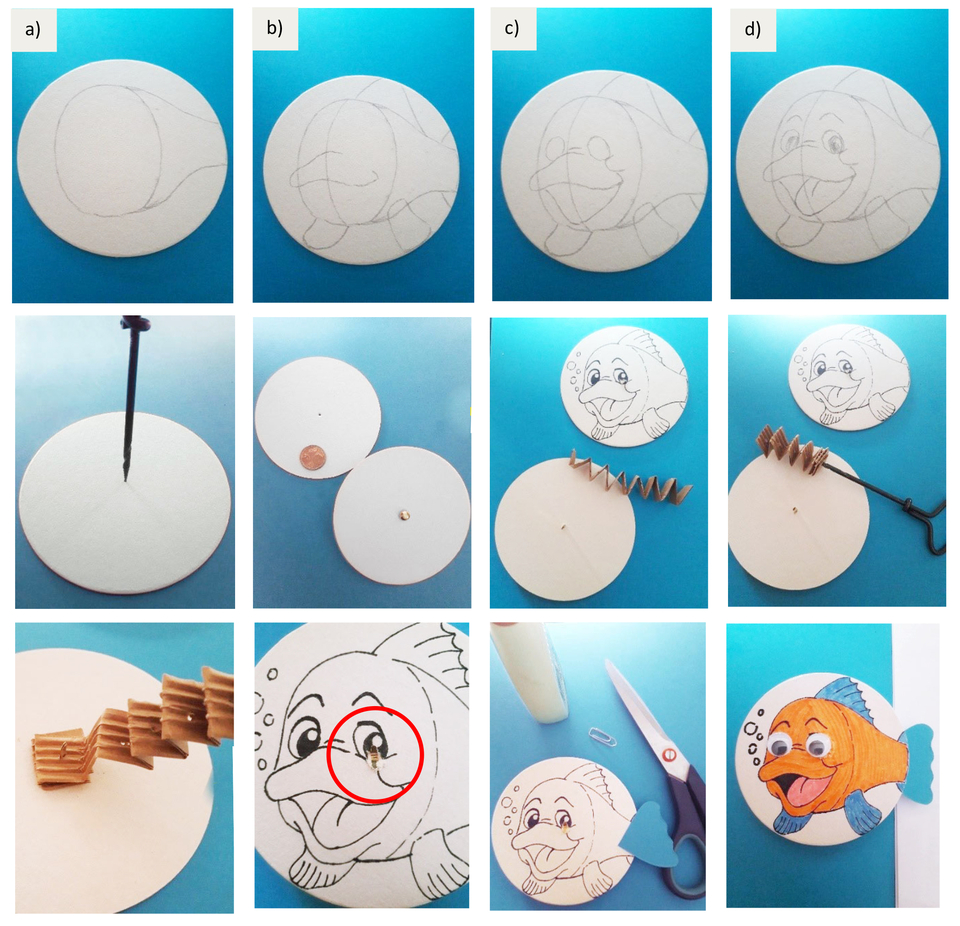 Das Bild zeigt eine Schritt-für-Schritt-Anleitung zur Erstellung eines beweglichen Fisches aus Papier. Es werden verschiedene Phasen des Zeichnens und Bastelns dargestellt, einschließlich des Zuschneidens und der Montage von beweglichen Teilen.