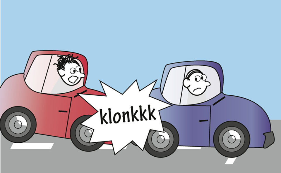 Das Bild zeigt zwei cartoonartige Autos, die miteinander kollidieren, wobei eines der Autos einen aufgeregten Fahrer und das andere einen besorgten Fahrer zeigt. Ein Comicsymbol mit dem Geräusch "klonk" verdeutlicht den Zusammenstoß zwischen den Fahrzeuge