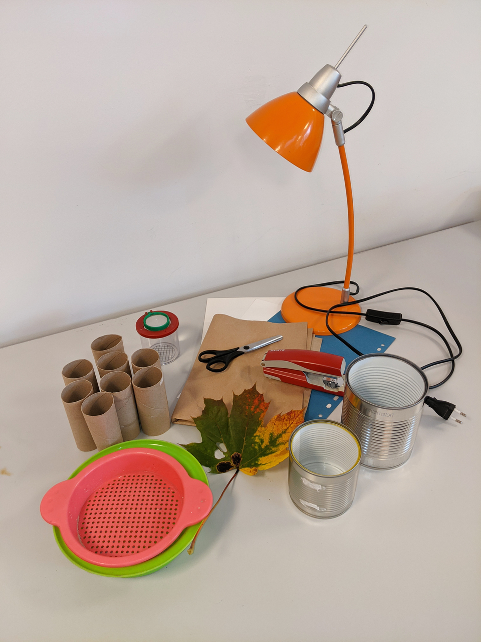 Das Bild zeigt eine Sammlung von Materialien für Experimente, darunter leere Klorollen, Dosen, eine Lampe, eine Schere, ein Hefter, Papier und eine bunte Schüssel. Diese Gegenstände können für verschiedene Bildungsprojekte und kreative Tätigkeiten verwend