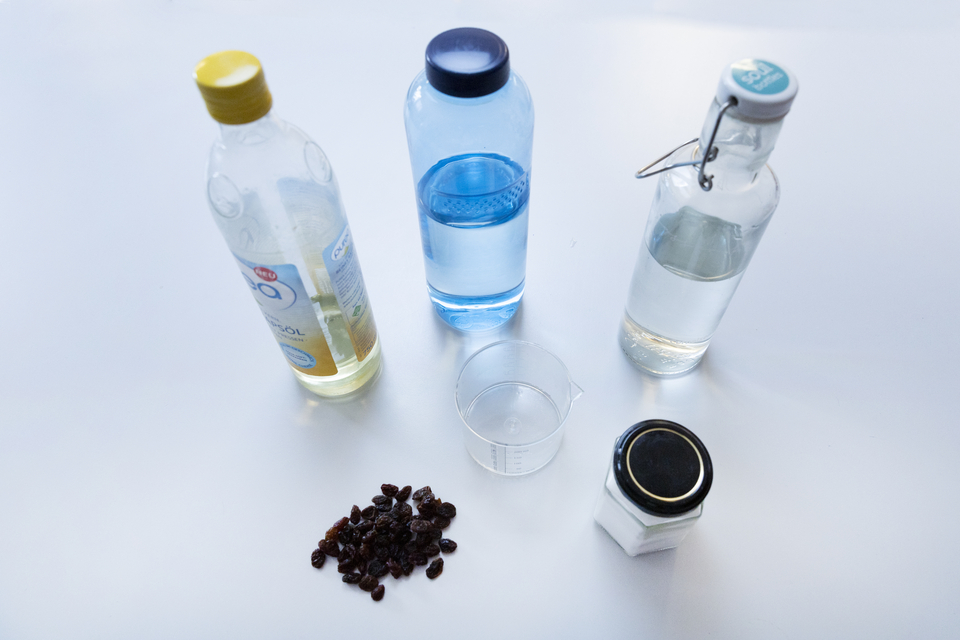 Das Bild zeigt mehrere Flaschen mit verschiedenen Flüssigkeiten, darunter Öl, Wasser und eine farblose Flüssigkeit, sowie einen Messbecher und eine kleine Dose. Auf dem Tisch liegen außerdem eine Menge Rosinen, die vermutlich für ein Experiment verwendet 