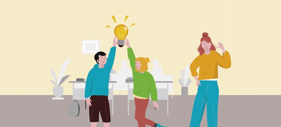 In der Illustration werden die beiden Schüler mit einem High Five gezeigt, die in der Mitte zwischen ihren Händen eine leuchtende Glühbirne halten. Rechts daneben steht die Lehrerin, die ihre linke Hand  zu einem positiven Zeichen nach oben hebt.