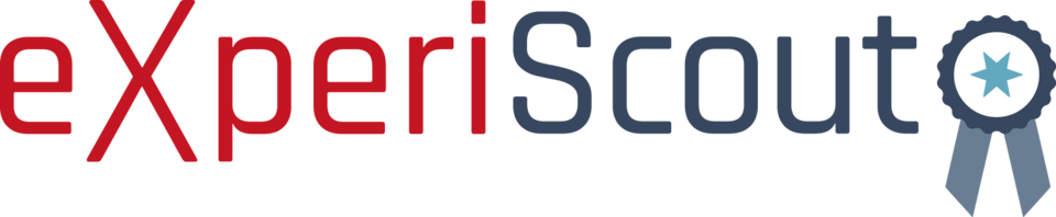 Das Bild zeigt das Logo von "experiScout", einem Online-Shop für Experimentierbedarf im deutschen Bildungswesen. Es kombiniert Elemente from Wissenschaft und Bildung, um eine innovative Lernumgebung zu fördern.