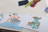 Das Bild zeigt zwei Illustrationen: Eine Person schöpft Wasser mit beiden Händen, während eine cartoonhafte Figur am Wasser sitzt und mit einem Gegenstand spielt. Beide Bilder sind Teil von Lernmaterialien, die Wasser und seine Eigenschaften thematisieren.