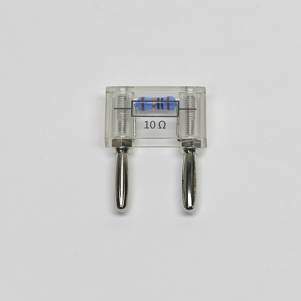 Das Bild zeigt einen elektrischen Widerstand mit einem Wert von 10 Ohm. Er ist in einem transparenten Gehäuse untergebracht, das die Anschlussdrähte deutlich sichtbar macht.