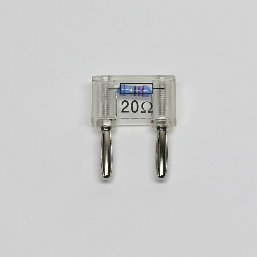 Das Bild zeigt einen transparenten Widerstand mit der Kennzeichnung "20 Ω", der zwei metalldrahtartige Anschlüsse besitzt. Er ist geeignet für Experimente im Bereich Elektronik und Physik im Bildungswesen.