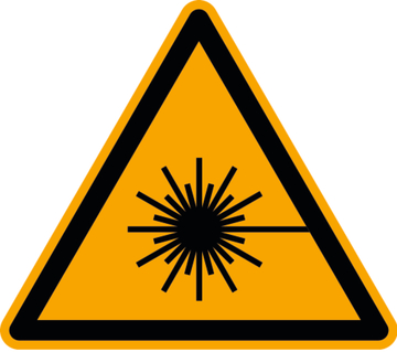 Das Bild zeigt ein Warnsymbol in Form eines gelben Dreiecks mit einem schwarzen Rand. In der Mitte befindet sich ein Symbol, das vor Laserstrahlung warnt, und signalisiert, dass besondere Vorsichtsmaßnahmen erforderlich sind.