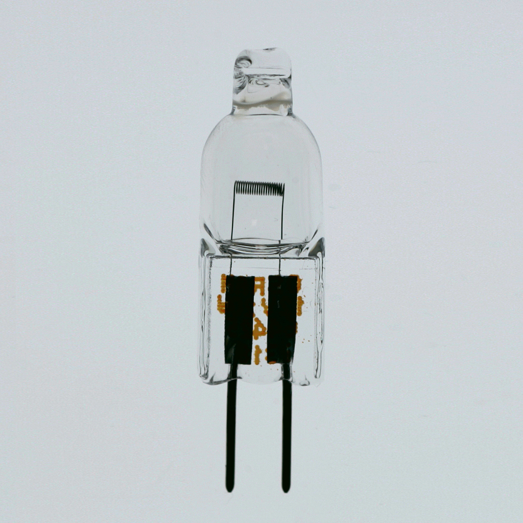 Das Bild zeigt eine transparente Halogenlampe, die für experimentelle Zwecke genutzt werden kann. Die Lampe hat zwei stromleitende Kontakte und einen transparenten Glaskörper, der das Leuchtmittel enthält.