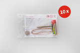 Das Bild zeigt ein Paket mit Experimentiermaterialien, das einen Neodym-Magneten, zwei Batterien und einen Kupferdraht enthält. Dazu sind Sicherheitshinweise angeführt, die die Nutzung der Materialien und deren potenzielle Risiken beschreiben.
