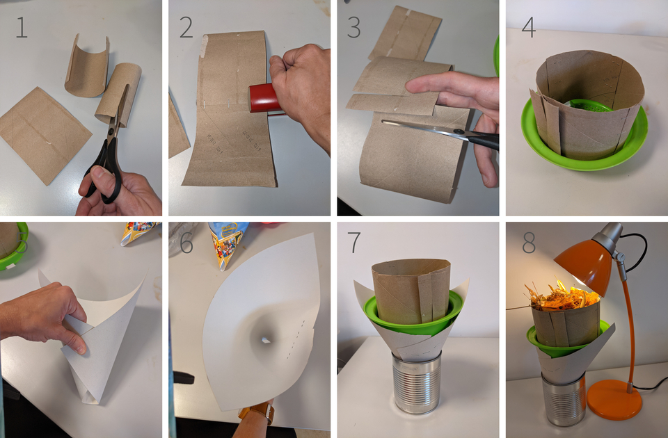 In der Anleitung werden verschiedene Schritte gezeigt, um ein Experimentiergerät aus Pappmaterial und einer Dose herzustellen. Die Fertigstellung umfasst eine einfache Konstruktion, die wahrscheinlich für Demonstrationen in der Bildung gedacht ist.