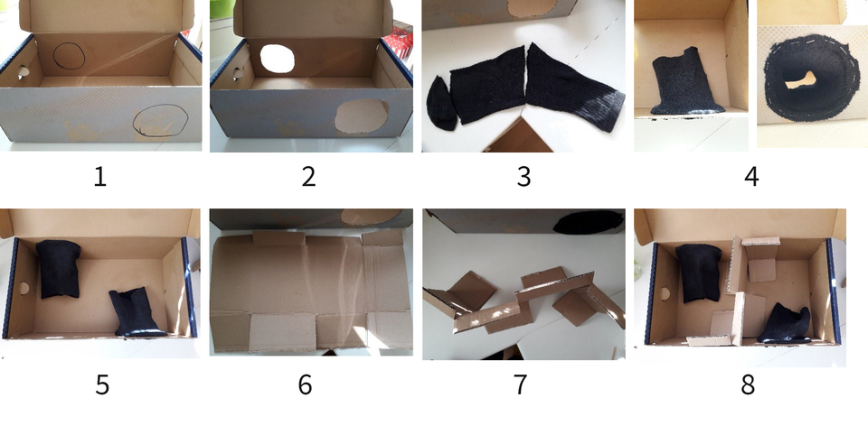 In acht Schritten wird eine Kartonbox mit verschiedenen Löchern und Fächern visualisiert, vermutlich zur Durchführung eines Experimentes. Die Box enthält schwarze Stoffteile, die als Objekte oder Hilfsmittel dienen könnten.