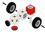 Verschiedene Bauteile, darunter Würfel in unterschiedlichen Farben und ein Reifen, sind in einer exploded view dargestellt. Diese Darstellung zeigt die einzelnen Komponenten eines Experimentierprojekts, das im Bildungsbereich eingesetzt werden kann.