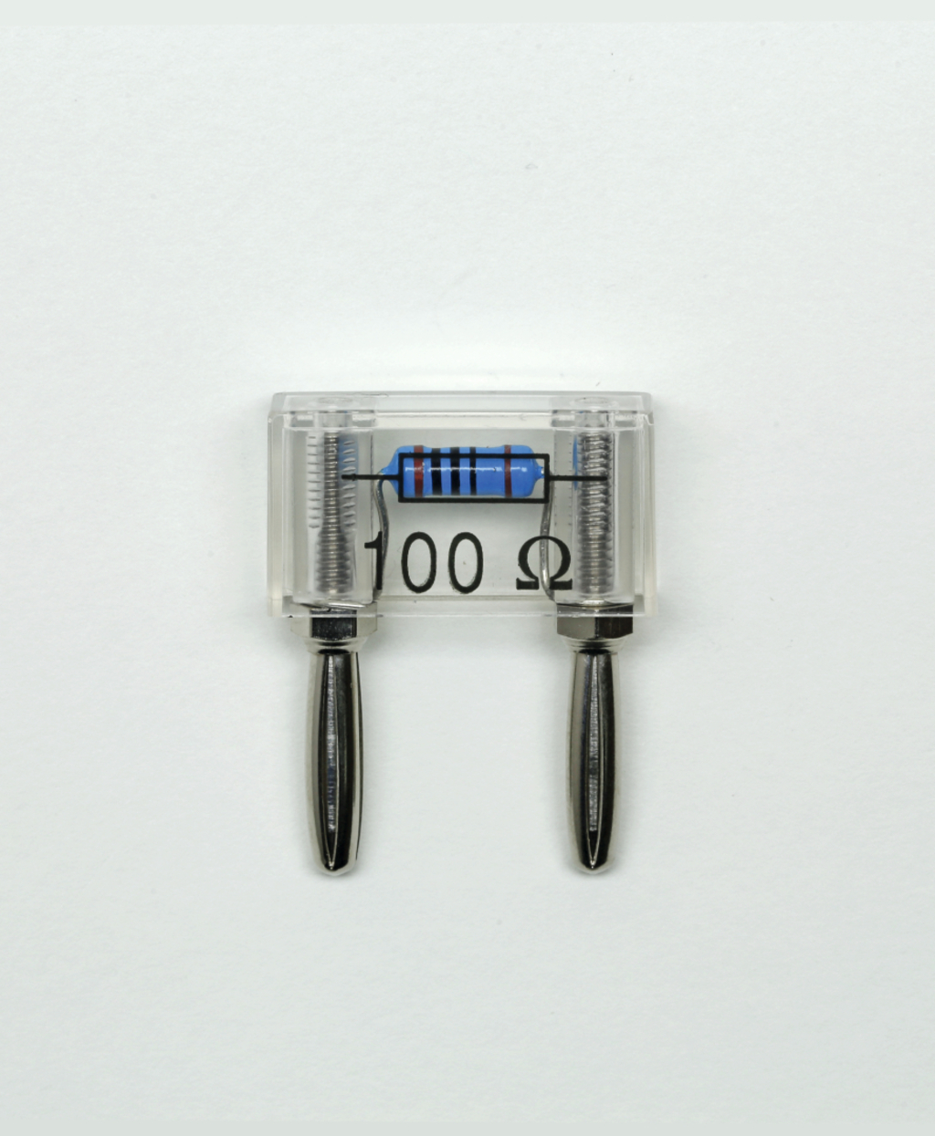 Zu sehen ist ein Widerstand mit einem Wert von 100 Ohm, der in einem transparenten Gehäuse platziert ist. Die beiden Anschlussstifte sind aus Metall und ermöglichen eine einfache Integration in elektrische Schaltungen für Experimente im Bildungsbereich.