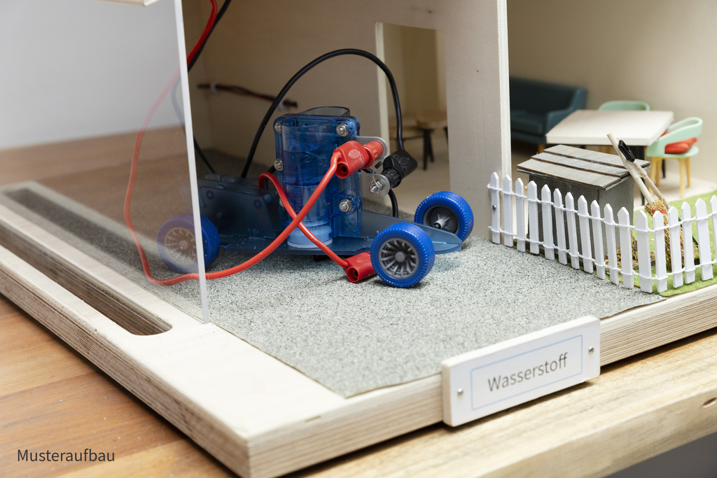 Ein blauer Wasserstoffantrieb ist in einem Modell mit einem Fahrgestell und vier Rädern integriert. Im Hintergrund sind eine kleine Gartenzaunstruktur und Möbel einer Miniaturwohnung sichtbar.